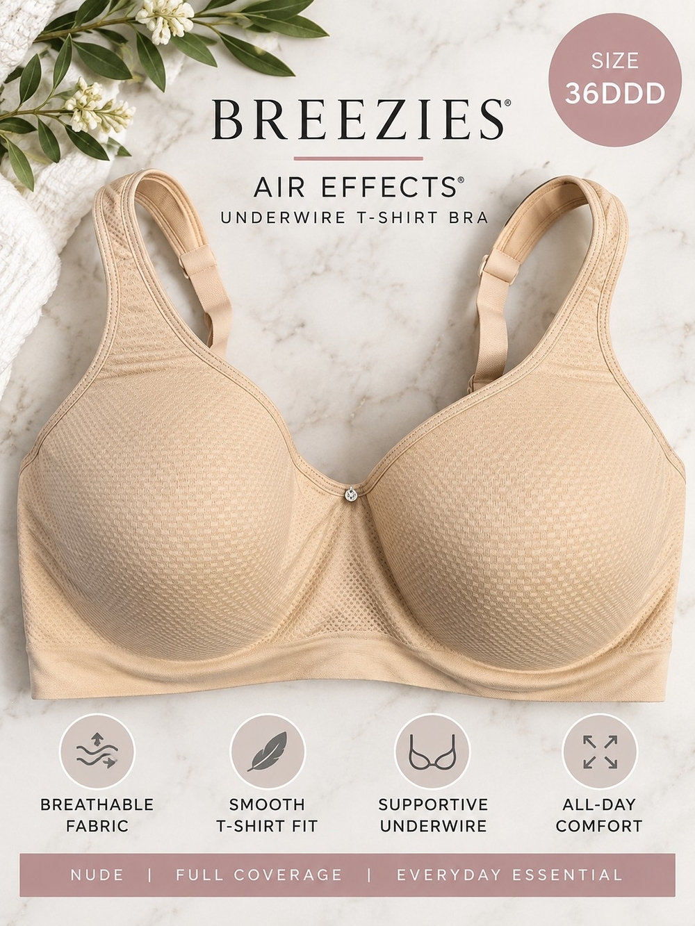 Breezies Air Effects Breathable Underwire T-Shirt Bra Size 36DDD Nude Beige